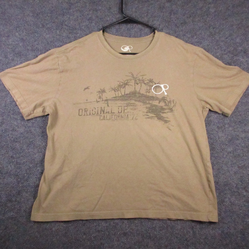 Y2K OP Shirt Mens Large Beige California 72 Surf Beach Graphic T Shirt Tee